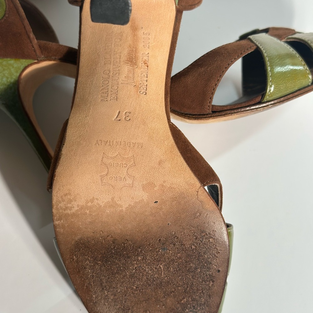 Manolo Blahnik Brown and Green Suede D'Orsay Open-Toe Heels - Picture 5 of 5